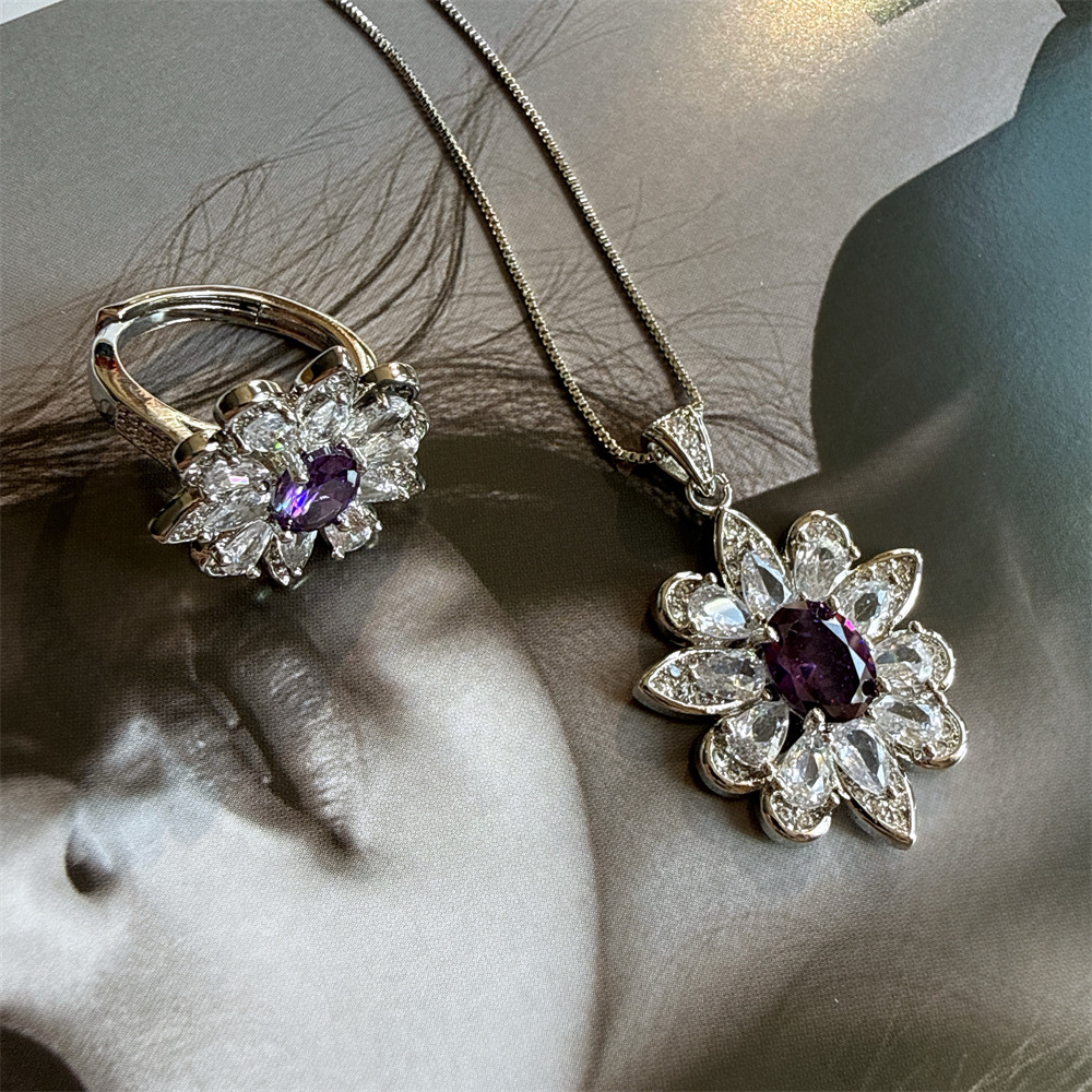 欧美设计感浪漫紫色锆石彩宝花朵气质百搭高级感开口戒指项链套装