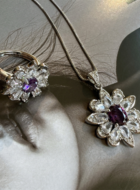 欧美浪漫紫锆石花朵开口项链套装