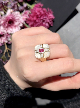 白母贝玫瑰红宝石中古风开口戒指