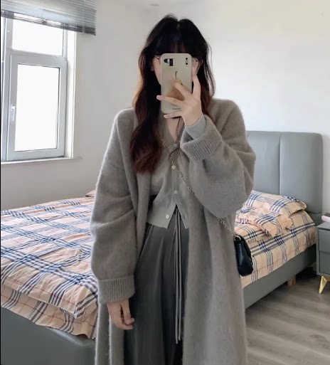 秋冬日系复古灰色毛衣外套女开衫毛针织衫