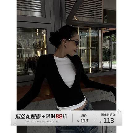 野生zero撞色假两件针织衫女秋冬新款设计感小众修身显瘦长袖上衣