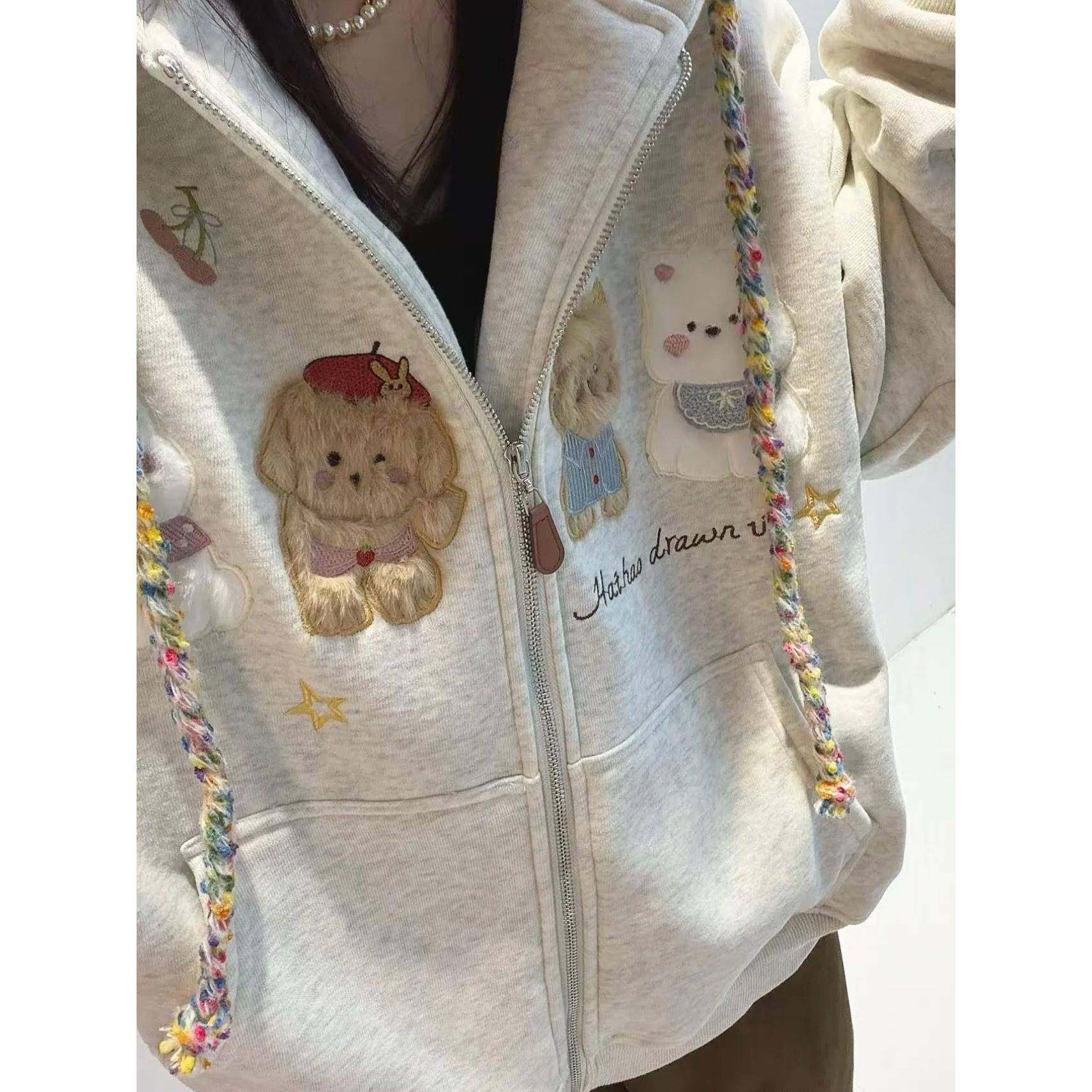 加绒重磅卡通刺绣小狗卫衣女秋冬季拉炼宽松休闲加厚连帽开衫外套