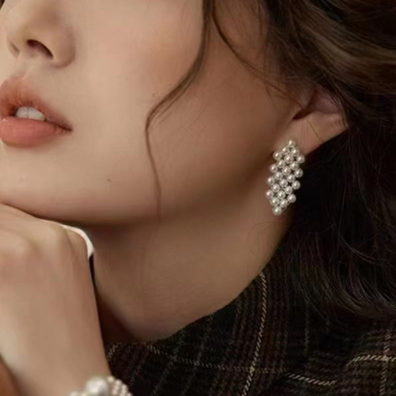 好魅071517天然淡水珍珠纯银耳钉时尚编织款多层耳饰精美高贵耳坠