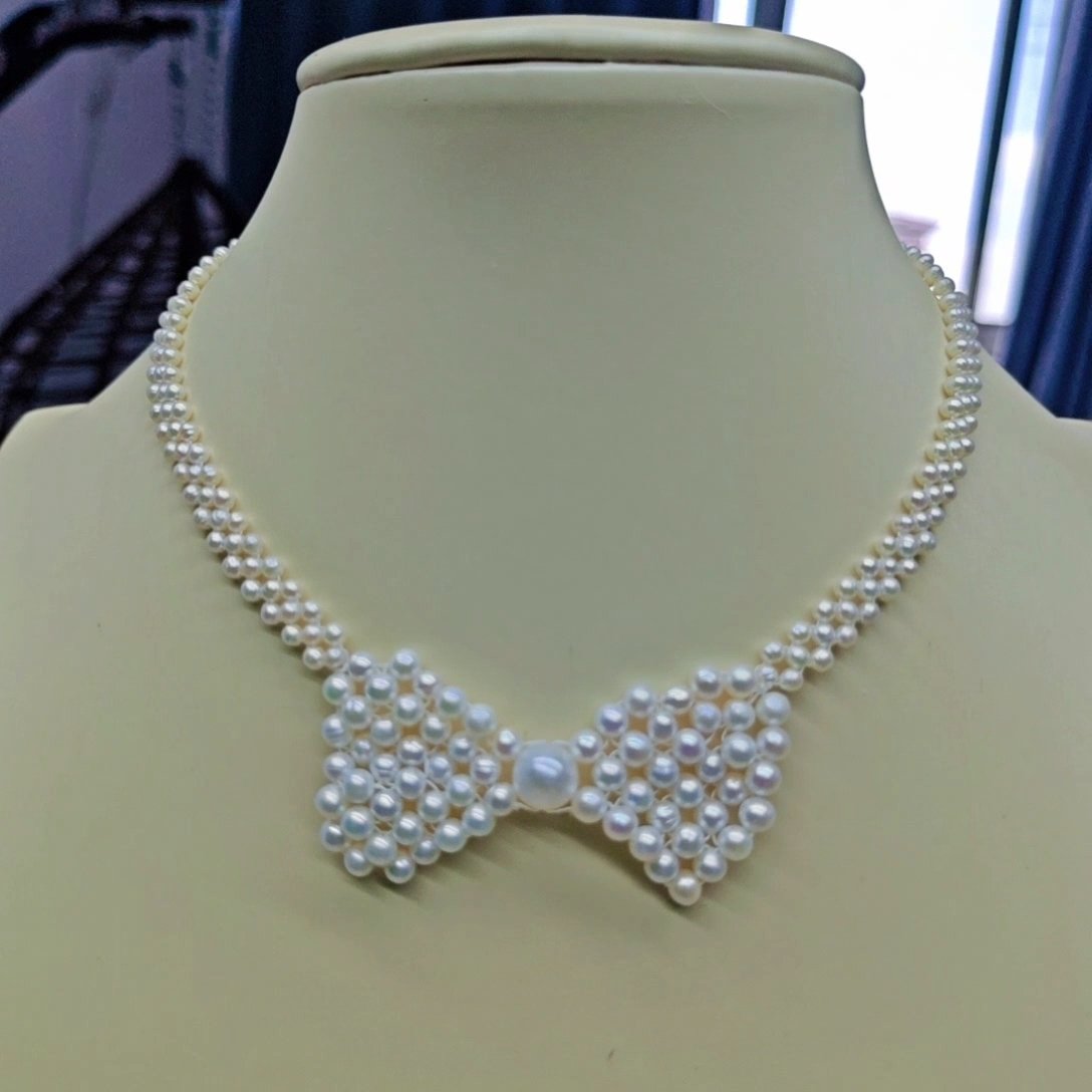 好魅071507天然淡水珍珠项链手工款编织蝴蝶结颈链精美百搭锁骨链