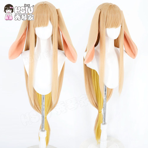 秀琴家 超时空辉夜姬cos假发 黄色内外双色长假毛 辉耀姬假发耳朵