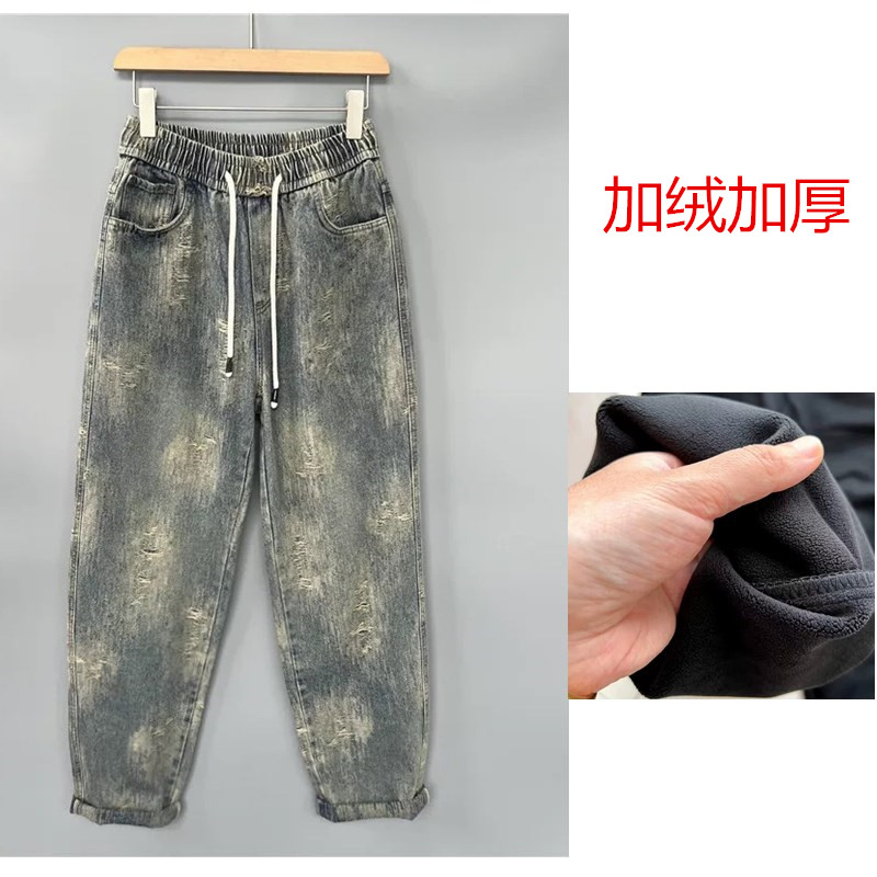 冬季加绒个性牛仔裤刮烂水洗做旧休闲裤男百搭复古宽松痞帅潮裤子