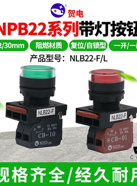 贺电LED带灯自锁按钮NLB22-F/L自复位启动开关22MM红绿色220V24V