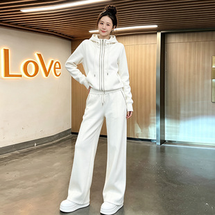 休闲运动套装女士秋冬加绒时尚减龄修身显瘦连帽卫衣阔腿裤两件套