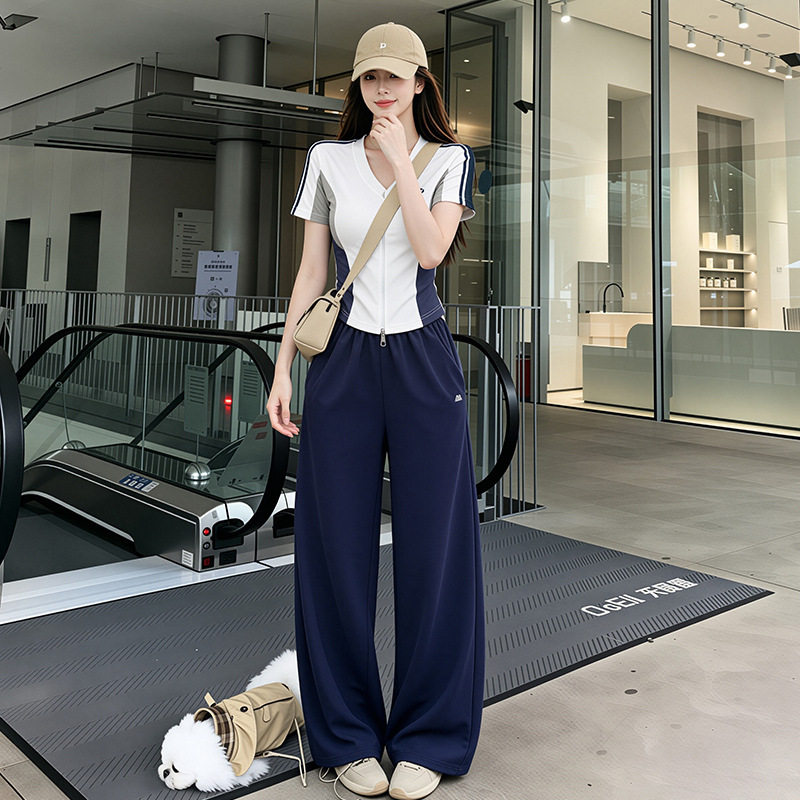 V领休闲运动短袖套装女夏季双拉链时尚修身短款开衫阔腿裤两件套