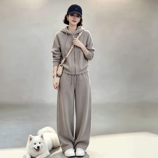 莱赛尔膨体羊绒休闲套装女秋冬时尚气质连帽卫衣外套阔腿裤两件套