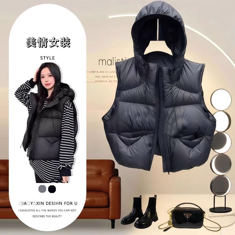 韩版百搭马甲黑色欧美秋冬季新款马甲小个子连帽宽松短款泡芙背心