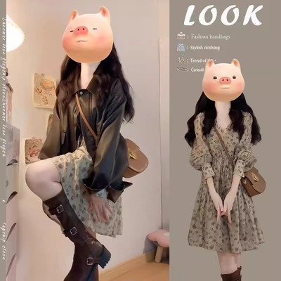 早春甜美穿搭女2025新款翻领美式复古外套小众印花连衣裙两件