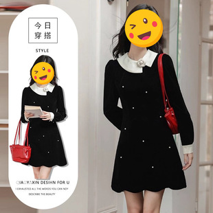 2026秋冬新款桔梗法式连衣裙女设计感别致撞色拼接收腰显瘦A字裙