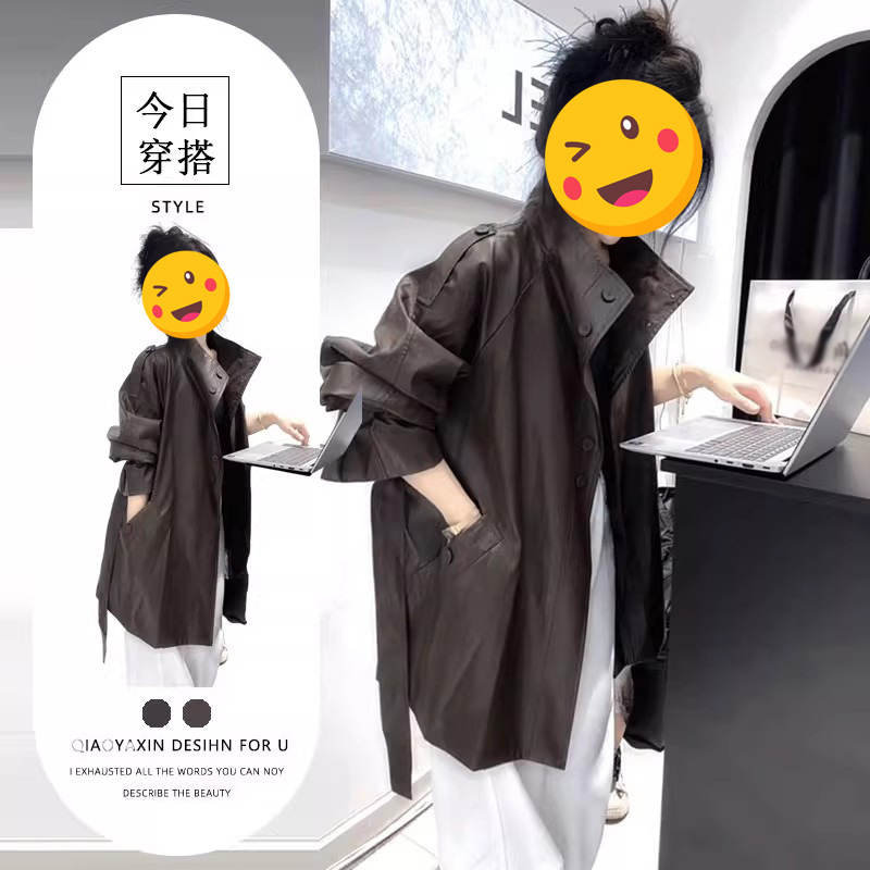 2025秋季网红新款短款皮u风衣外套女感咖色立领宽松显瘦大衣