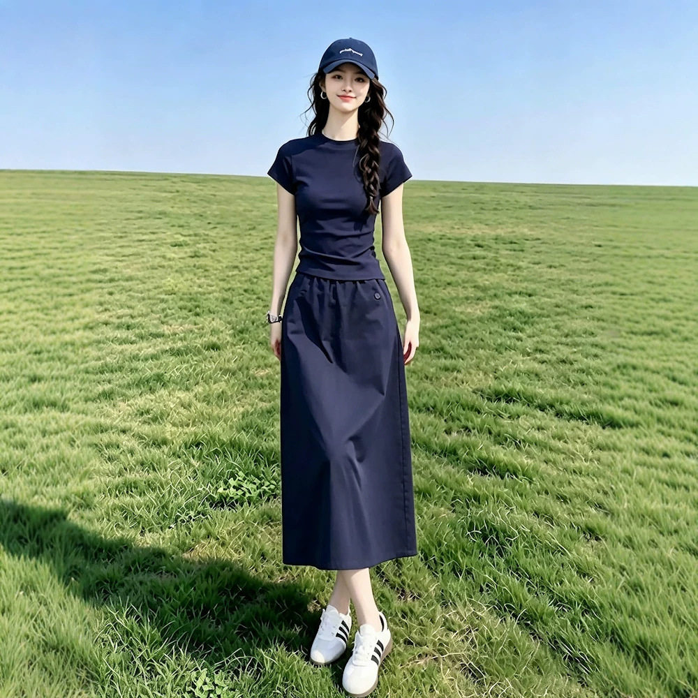 春夏款套头简约风休闲运动套装女2026年夏季短袖T恤半身裙两件套