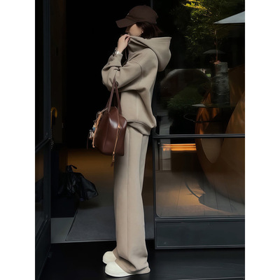 感网红秋冬加绒加厚卫衣套装女休闲显瘦复古连帽运动服两件套