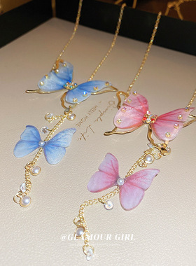 镶钻珍珠薄纱蝴蝶流苏项链超仙高级感颈链锁骨链时尚森系项饰批发