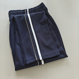 藏蓝色直筒加肥加大码校服裤子夏季反光条学生校裤宽松运动黑条纹