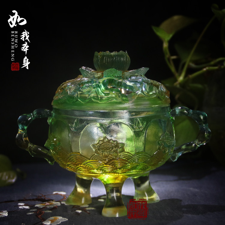 琉璃荷花香炉 琉璃三足盘香炉 琉璃居家摆件 香薰香炉