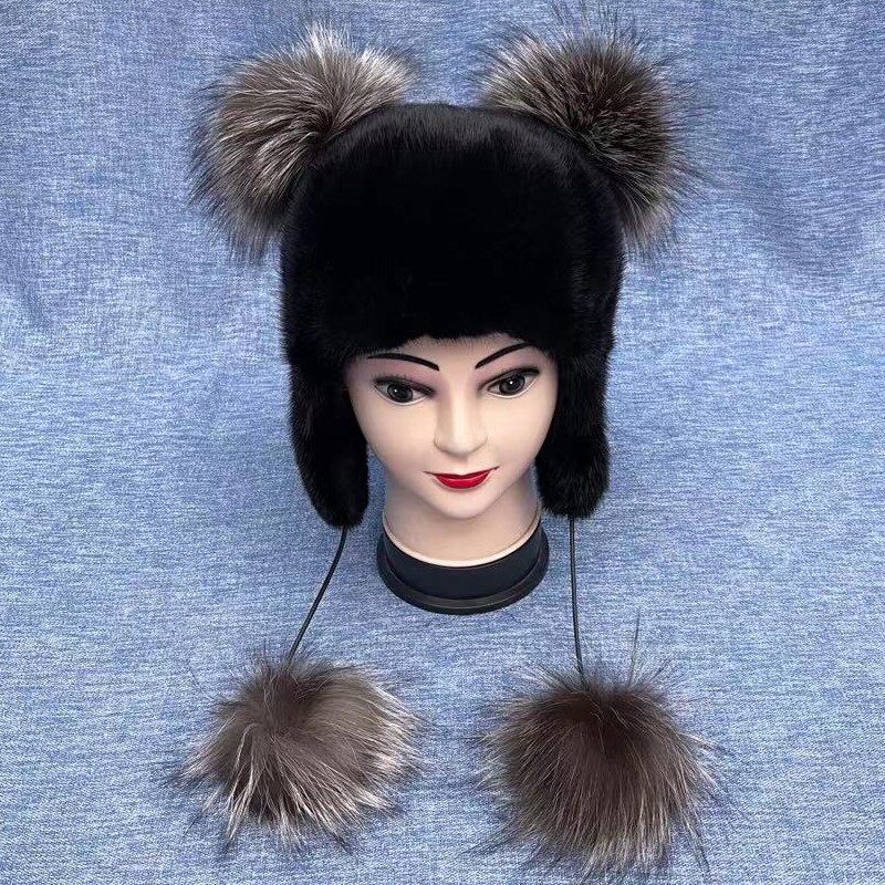 新款冬季保暖女款狐狸毛耳朵护耳帽真水貂毛皮草貂帽子