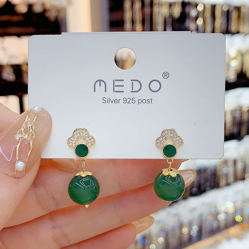 新中式复古玛瑙耳环2024新款微镶祥云银针耳钉小众轻奢百搭耳饰品