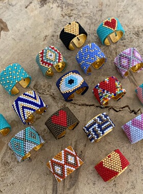 桃心Miyuki古董米珠纯手工编织不锈钢戒指波西米亚轻奢珠宝民族风