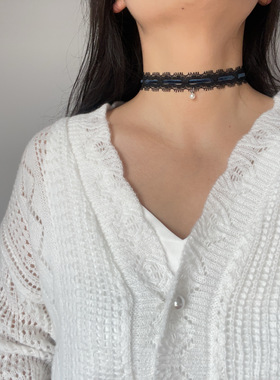 项链女小众设计感锁骨链ins酷网红短款脖子饰品颈带蕾丝绒颈脖链