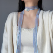 温柔超仙淡蓝色花朵系带项链choker叠带颈链复古法式 氛围感项圈