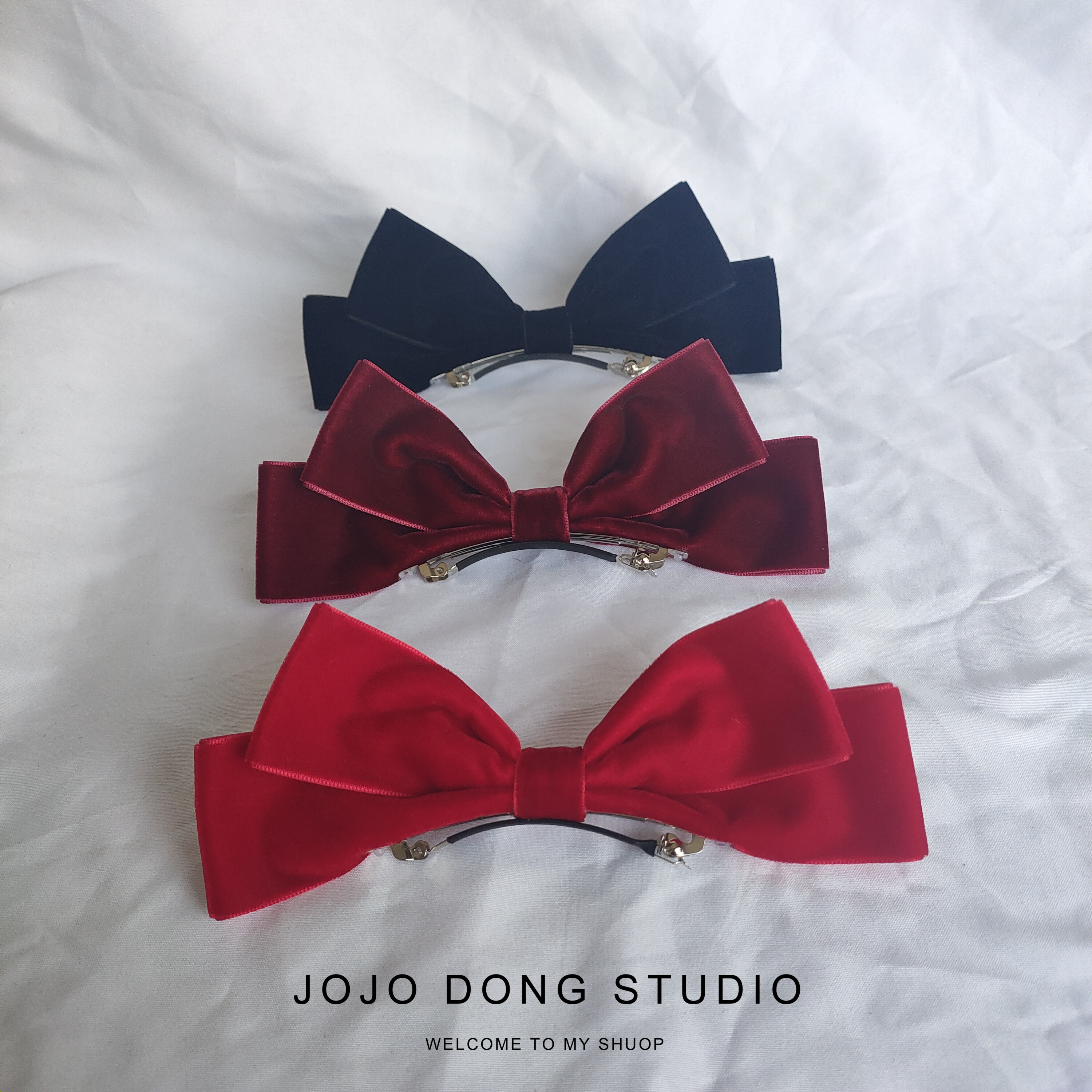 在逃少女增高颅顶发饰大红色丝绒蝴蝶结立体顶夹可爱兔耳朵发夹