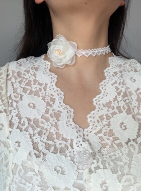 少女百搭气质项圈优雅温柔仙气白色蕾丝玫瑰花项链choker锁骨链
