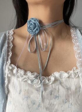 原创设计超仙气清新甜美春夏新款蓝色花朵丝带绑带颈链项圈项链