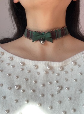 圣诞氛围秋冬绿格铃铛choker女小众独特亚文化项圈约会高级感配饰