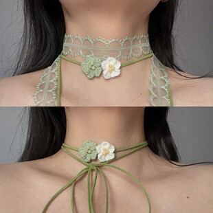 清新甜美气质绿色蕾丝花朵绑带双层叠戴项圈颈带choker少女项链仙