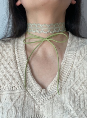 超仙绿色蕾丝choker少女蝴蝶结锁骨项链短款双层颈链镂空颈带项圈