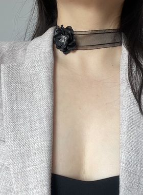 复古欧根纱短款项链choker黑色百搭贝壳花朵锁骨链配饰唯美颈链