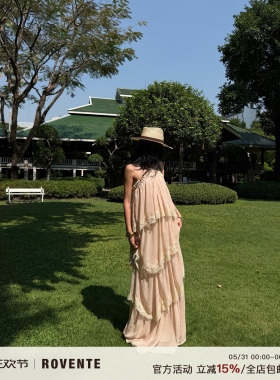 rovente 花园华尔兹粉杏色挂脖吊带连衣裙女氛围感宽松长款蛋糕裙