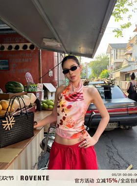 rovente 普吉夏天粉色印花立领短款背心吊带女夏季辣妹无袖上衣