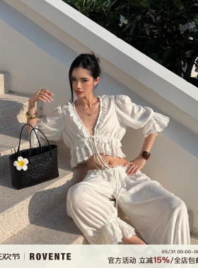 rovente 南法白栀白色莱赛尔宽松蕾丝花边衬衫女夏开衫短款上衣