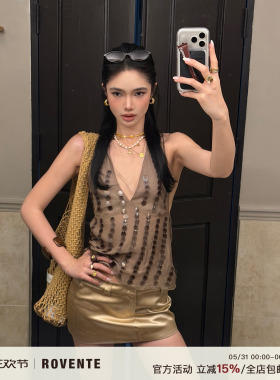 rovente 自成焦点咖色V领珠片修身挂脖吊带背心女夏辣妹无袖上衣