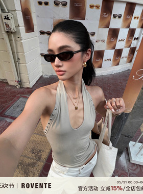 rovente ABG美感灰杏色铆钉挂脖修身背心女夏设计感美式辣妹上衣