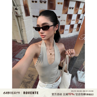 rovente ABG美感灰杏色铆钉挂脖修身背心女夏设计感美式辣妹上衣