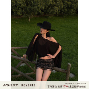 rovente 神秘猎手黑色微透T恤女夏季性感辣妹露肩罩衫半裙两件套