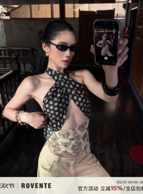 rovente 清迈假日黄黑色拼色挂脖背心女夏辣妹修身短款无袖上衣