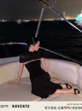 rovente 曼哈顿夜黑色披肩包臀连衣裙女春季收腰显瘦宴会礼服长裙