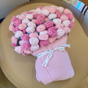 梦幻粉玫瑰花束毯子成品毛线花毯披肩生日新年礼物送女友闺蜜现货