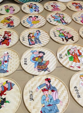 56民族手绘竹编饰品簸箕画装饰挂件竹筐画饭店复古风农家乐竹筛子