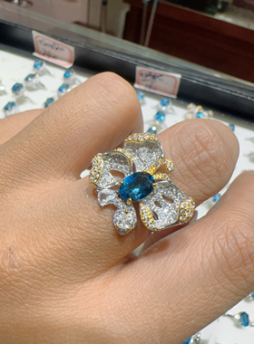 925银镀金天然托帕石戒指 裸石5*7M M开口豪华设计蝴蝶女款活口