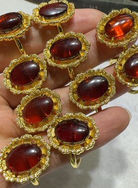 天然蜜蜡血珀戒指电镀18k金镶嵌时尚气质百搭女款宝石活口女款