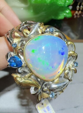 天然水晶欧泊手镯925银镶嵌女款意大利工艺时尚百搭女款活口炫彩