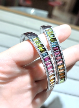 天然水晶宝石碧玺手镯s925同体银镶嵌开口可调节大小体净火彩美